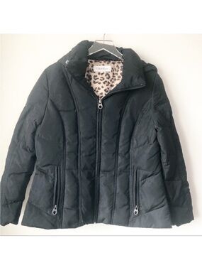 Calvin Klein Black Quilted Down Puffer Jacket with Leopard-Print Lining
